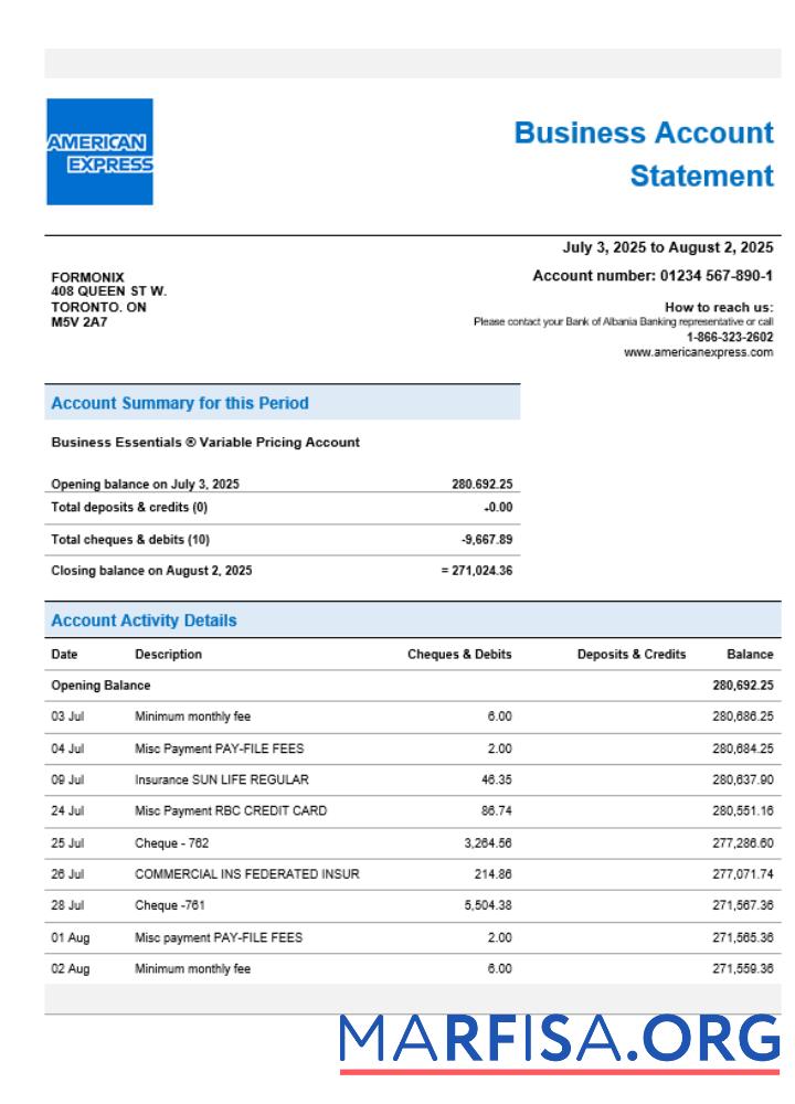 Blank American Express Air Miles enterprise account statement Word and PDF template